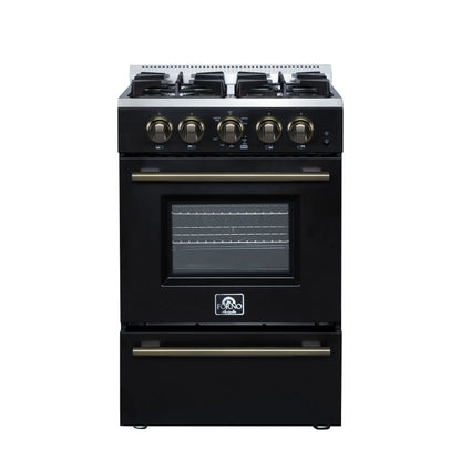 Forno Breno 24 Inch Freestanding Gas Range in Black with Antique Brass, Compact Design FORNO