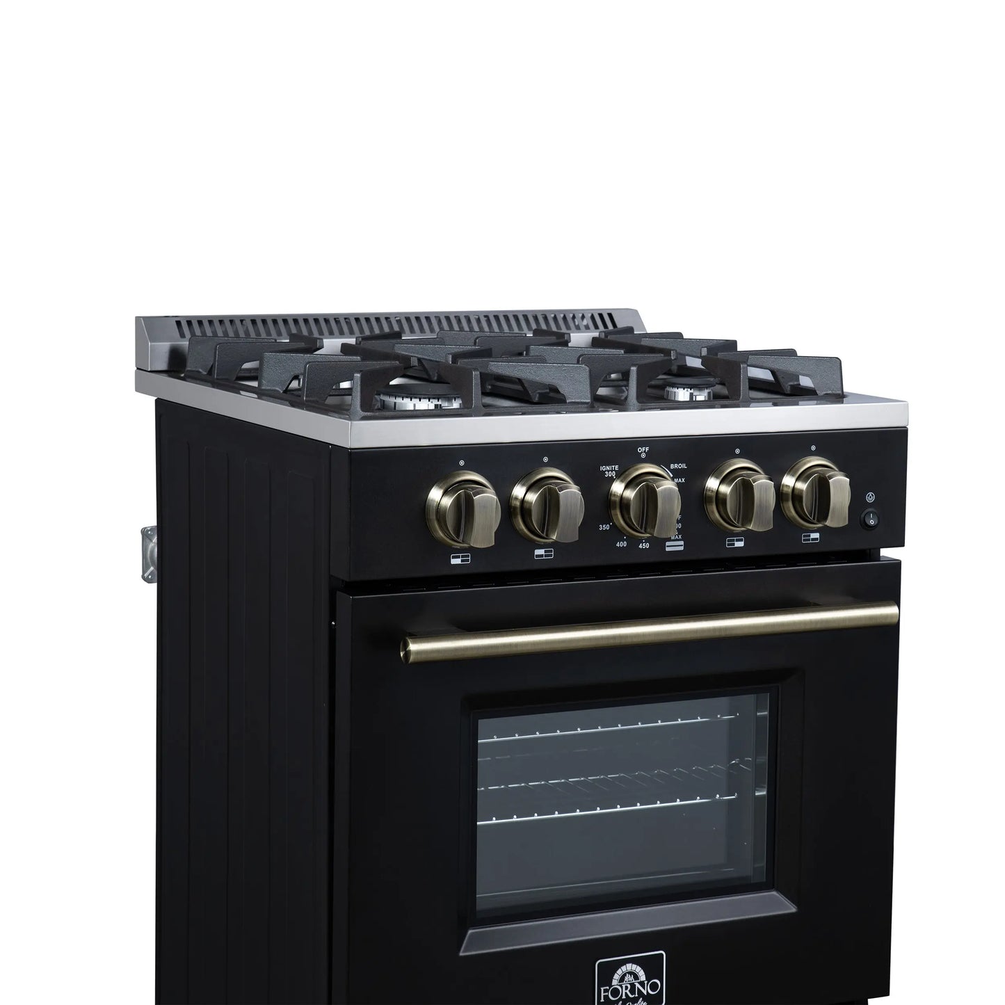 Forno Breno 24 Inch Freestanding Gas Range in Black with Antique Brass, Compact Design FORNO