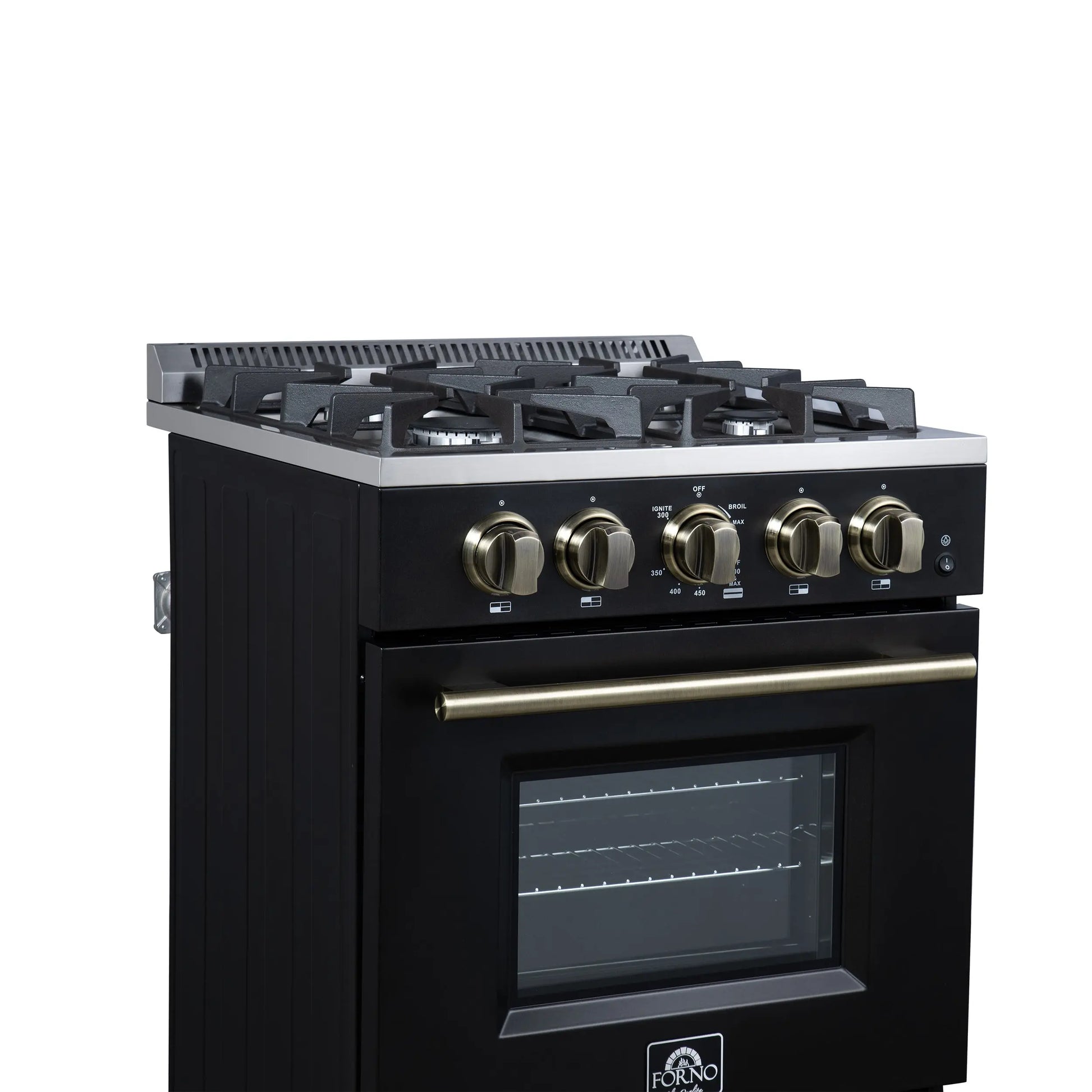 Forno Breno 24 Inch Freestanding Gas Range in Black with Antique Brass, Compact Design FORNO