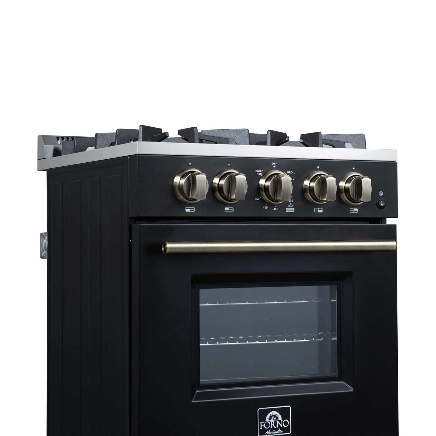 Forno Breno 24 Inch Freestanding Gas Range in Black with Antique Brass, Compact Design FORNO