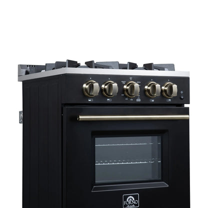 Forno Breno 24 Inch Freestanding Gas Range in Black with Antique Brass, Compact Design FORNO