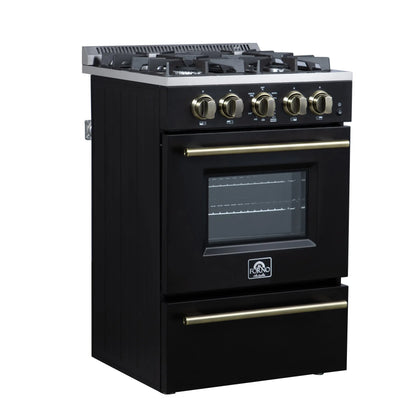 Forno Breno 24 Inch Freestanding Gas Range in Black with Antique Brass, Compact Design FORNO