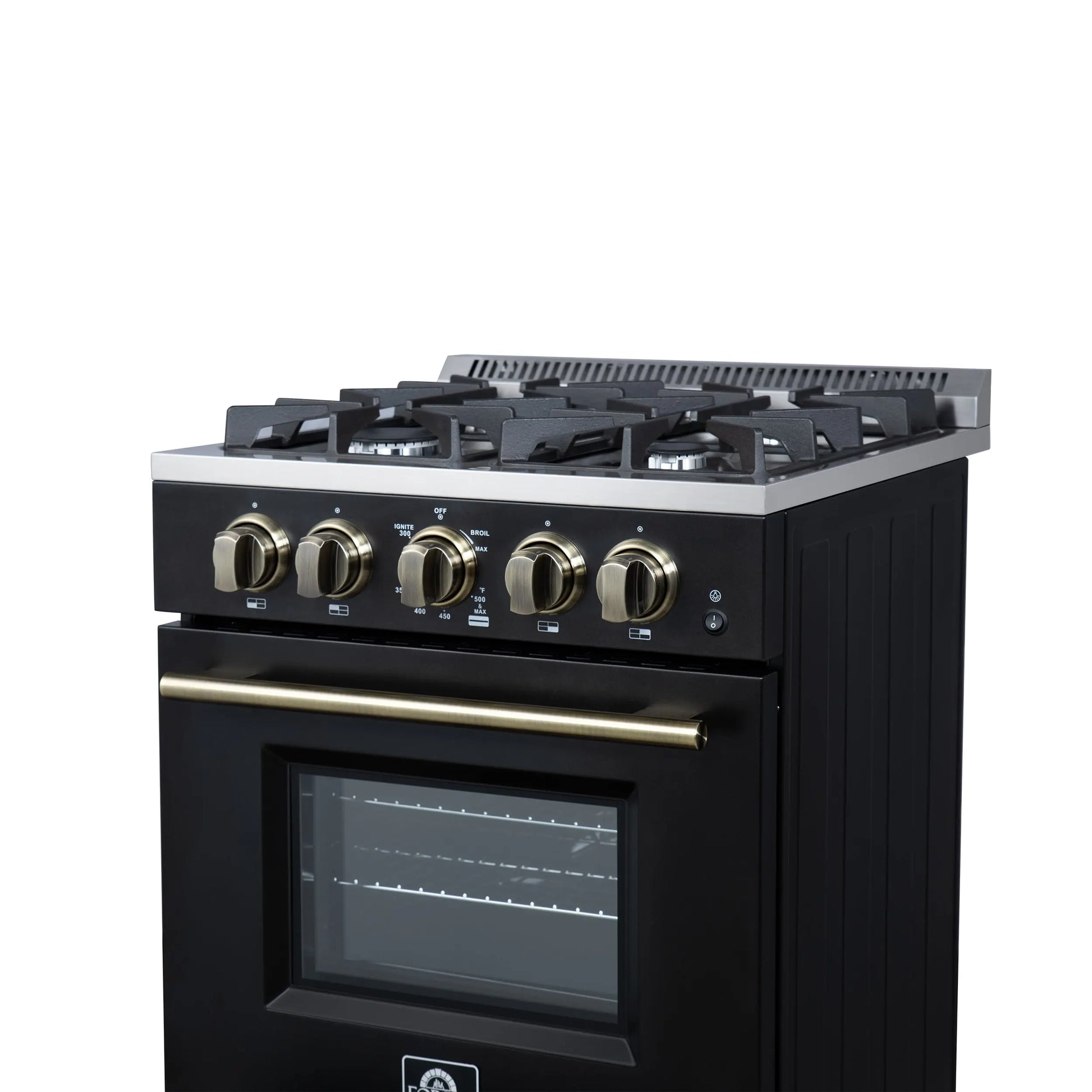 Forno Breno 24 Inch Freestanding Gas Range in Black with Antique Brass, Compact Design FORNO