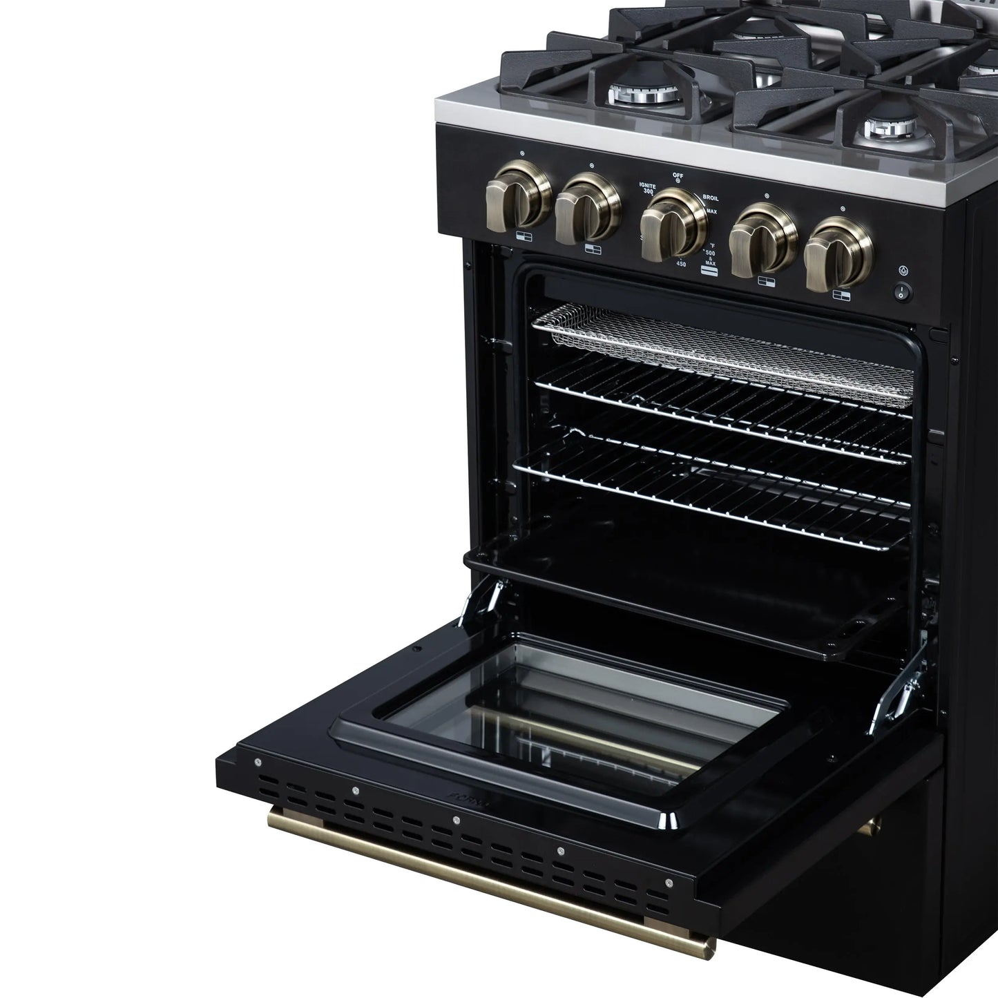 Forno Breno 24 Inch Freestanding Gas Range in Black with Antique Brass, Compact Design FORNO