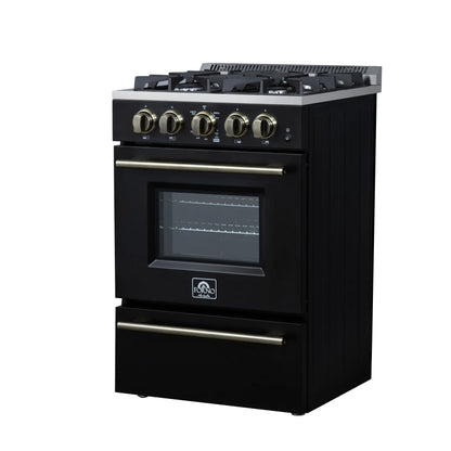 Forno Breno 24 Inch Freestanding Gas Range in Black with Antique Brass, Compact Design FORNO