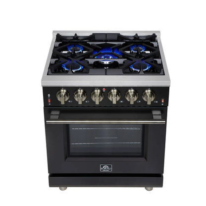 Forno Massimo 30-Inch Black Freestanding Gas Range, 5 Burners, True Convection Oven FORNO