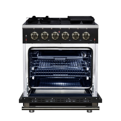 Forno Massimo 30-Inch Black Freestanding Gas Range, 5 Burners, True Convection Oven FORNO
