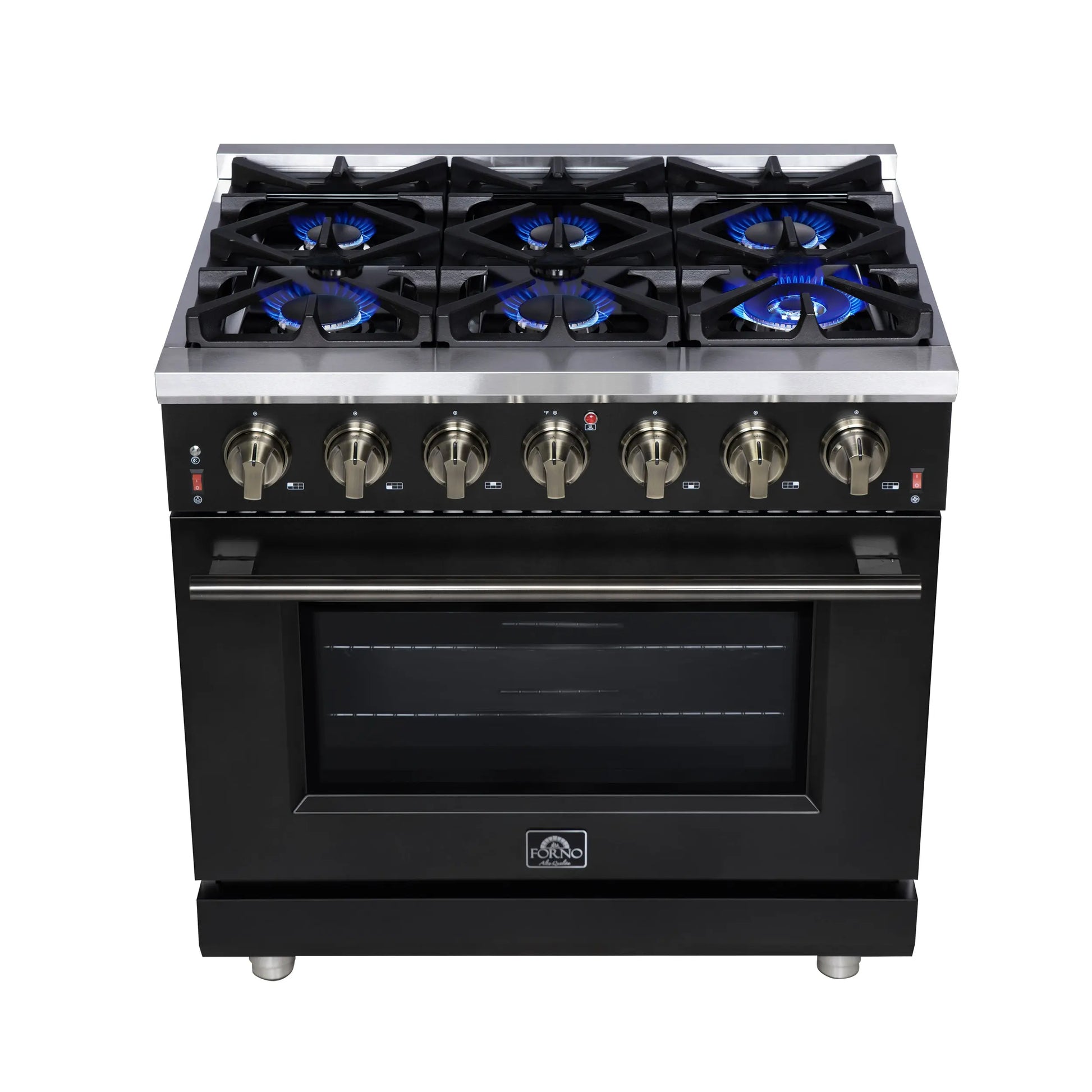 Forno Massimo 36-Inch Black Freestanding Gas Range, 6 Sealed Burners, Convection Oven, Energy Efficient FORNO
