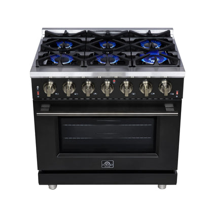 Forno Massimo 36-Inch Black Freestanding Gas Range, 6 Sealed Burners, Convection Oven, Energy Efficient FORNO