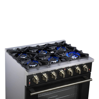 Forno Massimo 36-Inch Black Freestanding Gas Range, 6 Sealed Burners, Convection Oven, Energy Efficient FORNO