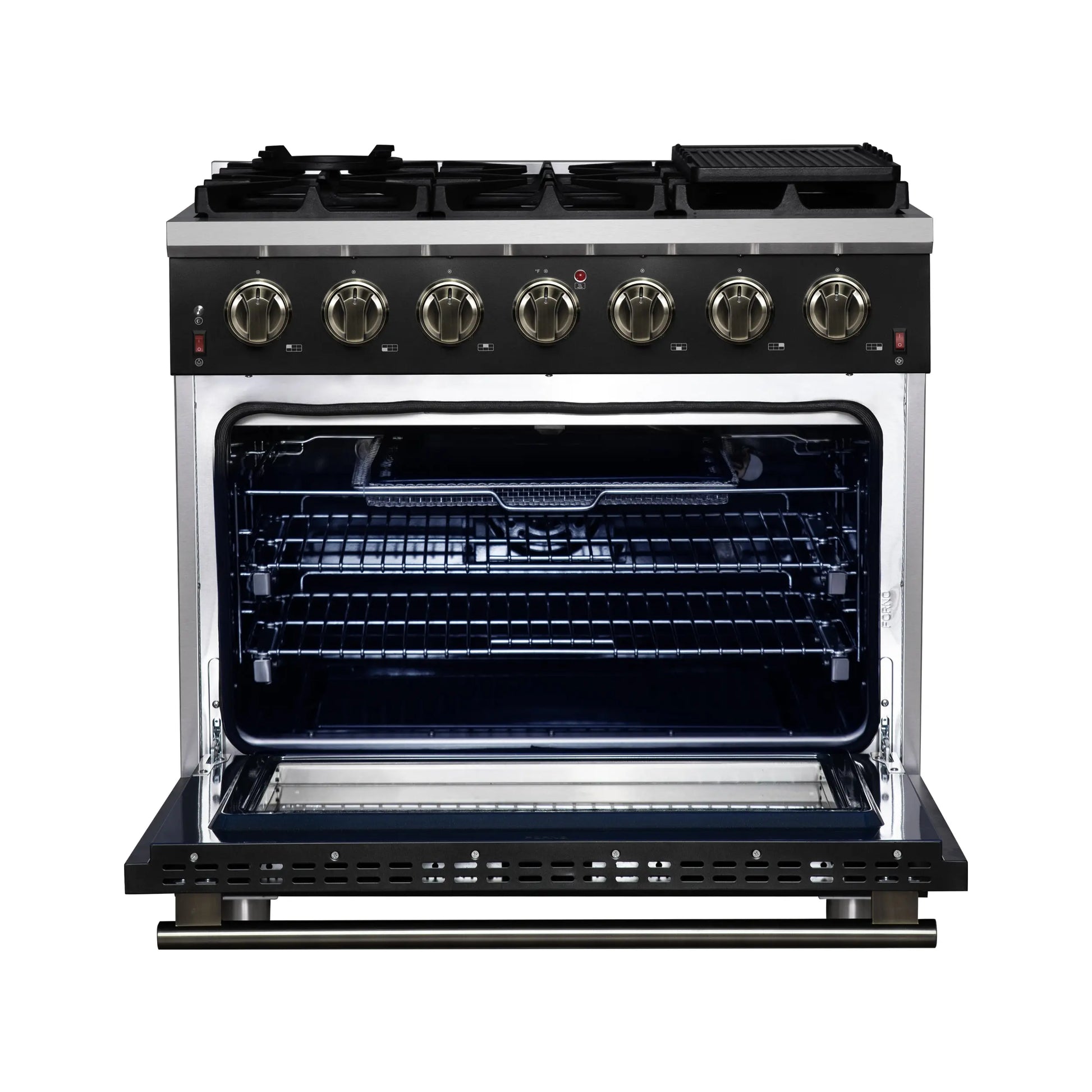 Forno Massimo 36-Inch Black Freestanding Gas Range, 6 Sealed Burners, Convection Oven, Energy Efficient FORNO