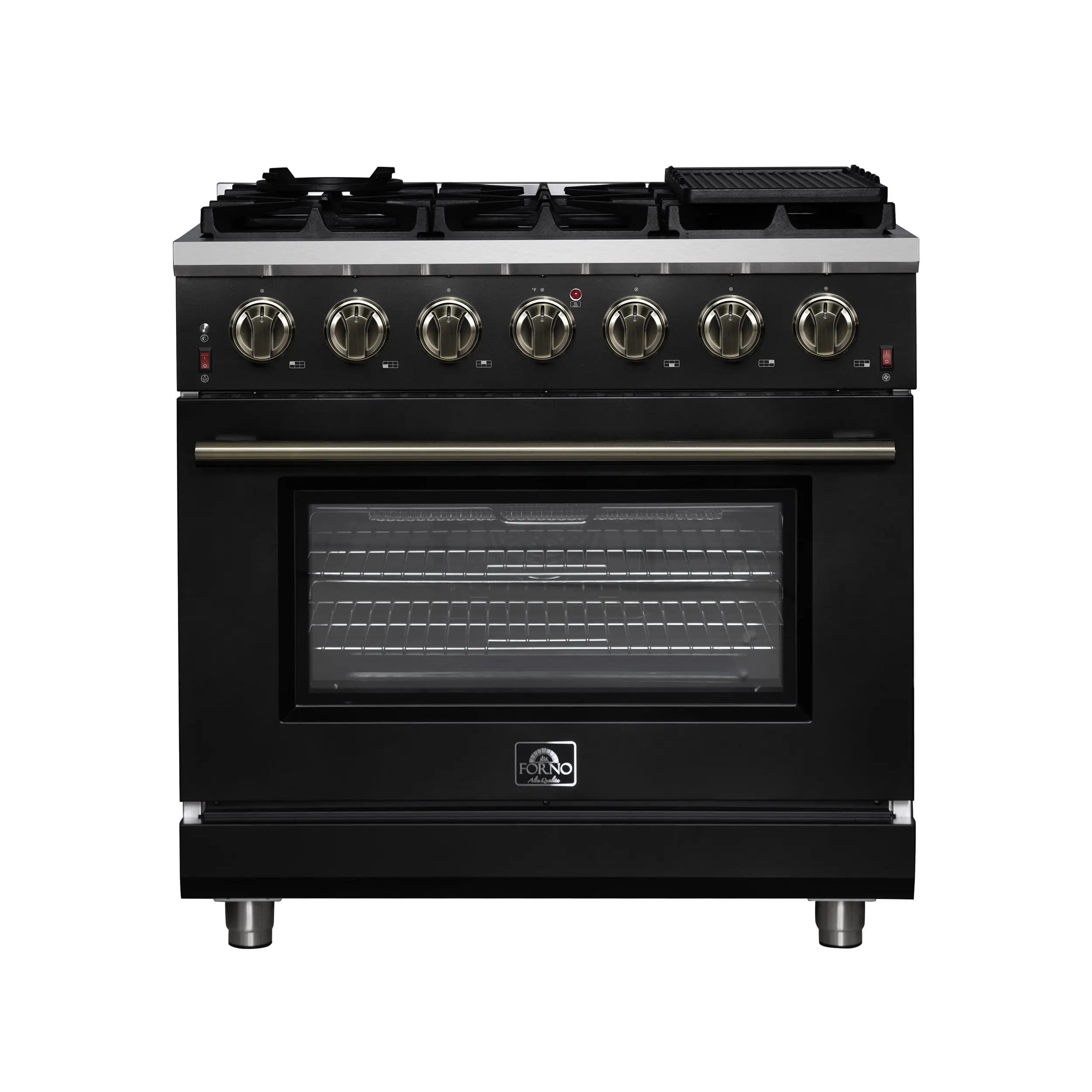 Forno Massimo 36-Inch Black Freestanding Gas Range, 6 Sealed Burners, Convection Oven, Energy Efficient FORNO