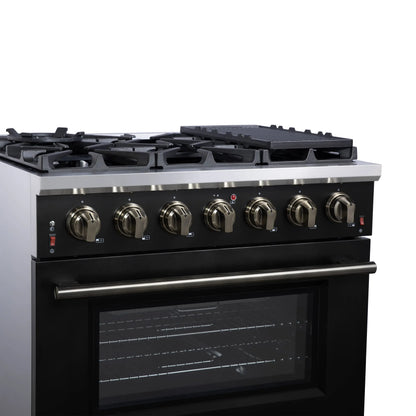 Forno Massimo 36-Inch Black Freestanding Gas Range, 6 Sealed Burners, Convection Oven, Energy Efficient FORNO