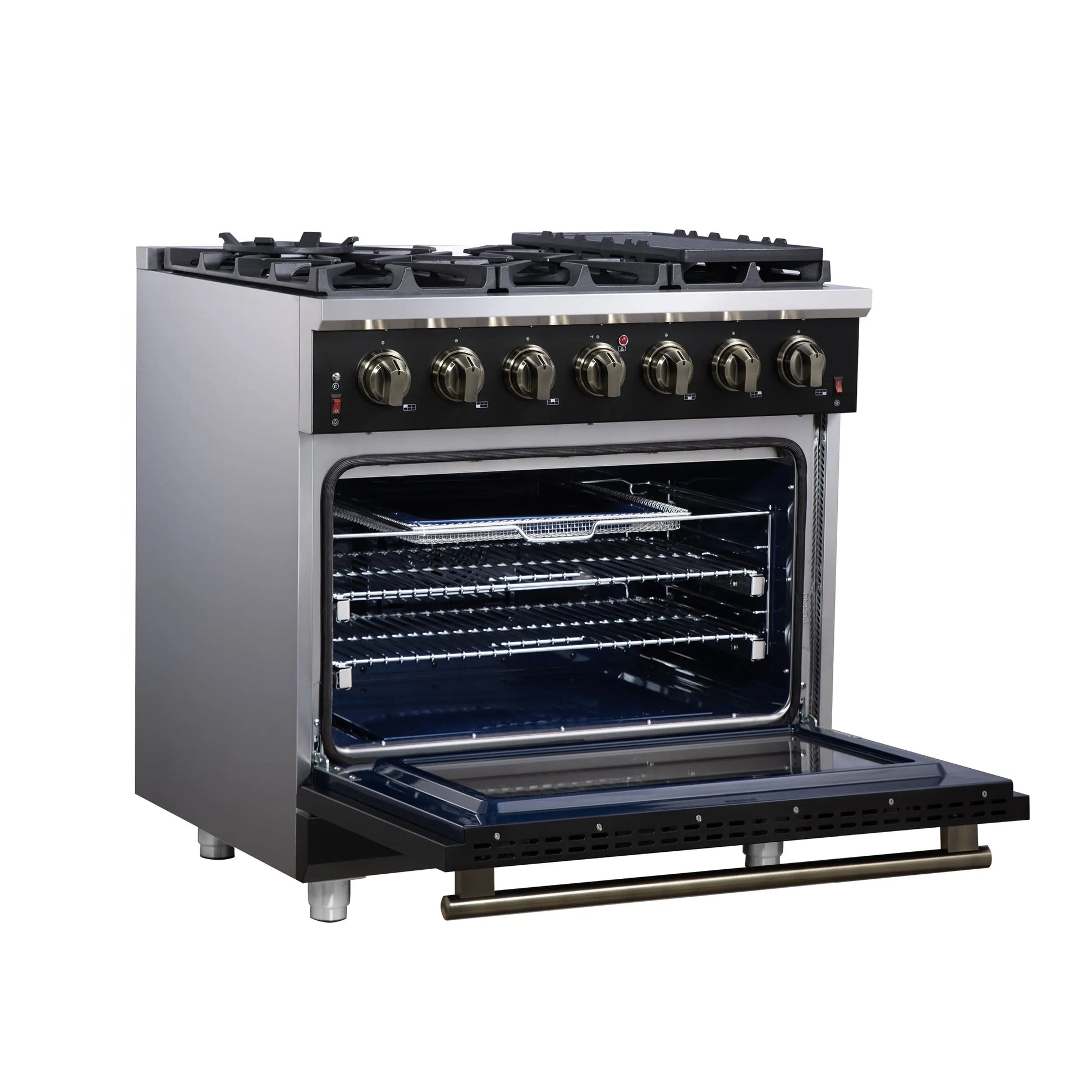 Forno Massimo 36-Inch Black Freestanding Gas Range, 6 Sealed Burners, Convection Oven, Energy Efficient FORNO