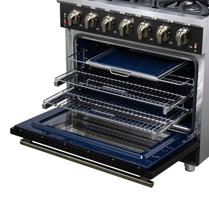 Forno Massimo 36-Inch Black Freestanding Gas Range, 6 Sealed Burners, Convection Oven, Energy Efficient FORNO