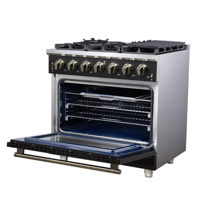 Forno Massimo 36-Inch Black Freestanding Gas Range, 6 Sealed Burners, Convection Oven, Energy Efficient FORNO