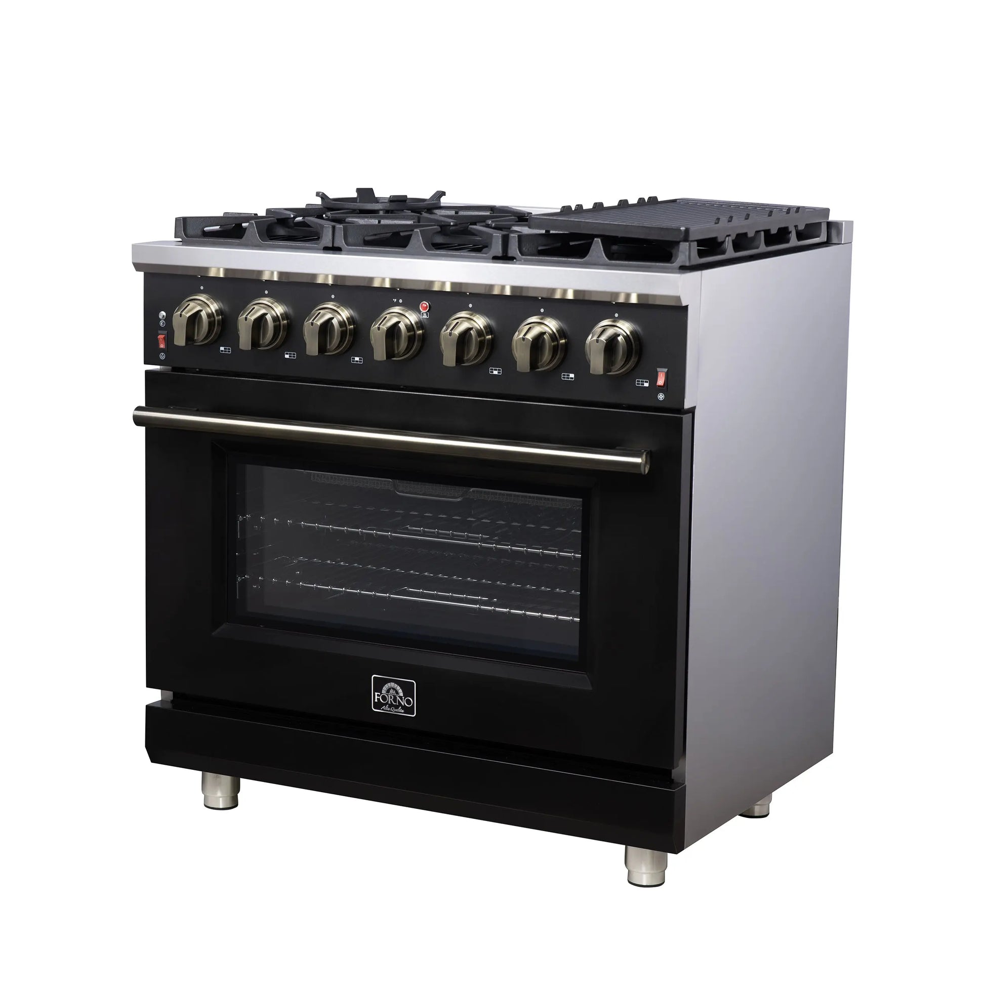 Forno Massimo 36-Inch Black Freestanding Gas Range, 6 Sealed Burners, Convection Oven, Energy Efficient FORNO