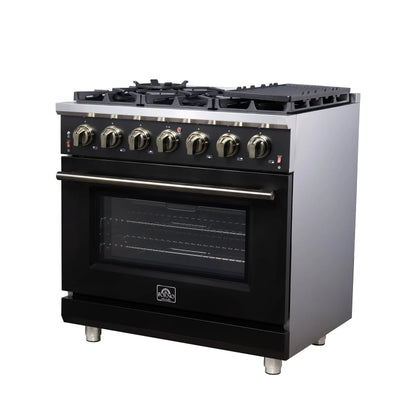 Forno Massimo 36-Inch Black Freestanding Gas Range, 6 Sealed Burners, Convection Oven, Energy Efficient FORNO