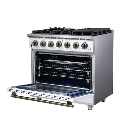 Forno Massimo 36-Inch White Freestanding Gas Range, 6 Sealed Burners, Convection Oven, Energy Efficient FORNO