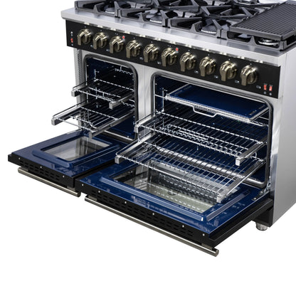 Forno Massimo 48-Inch Black Freestanding Gas Range, 8 Burners, True Convection Oven FORNO