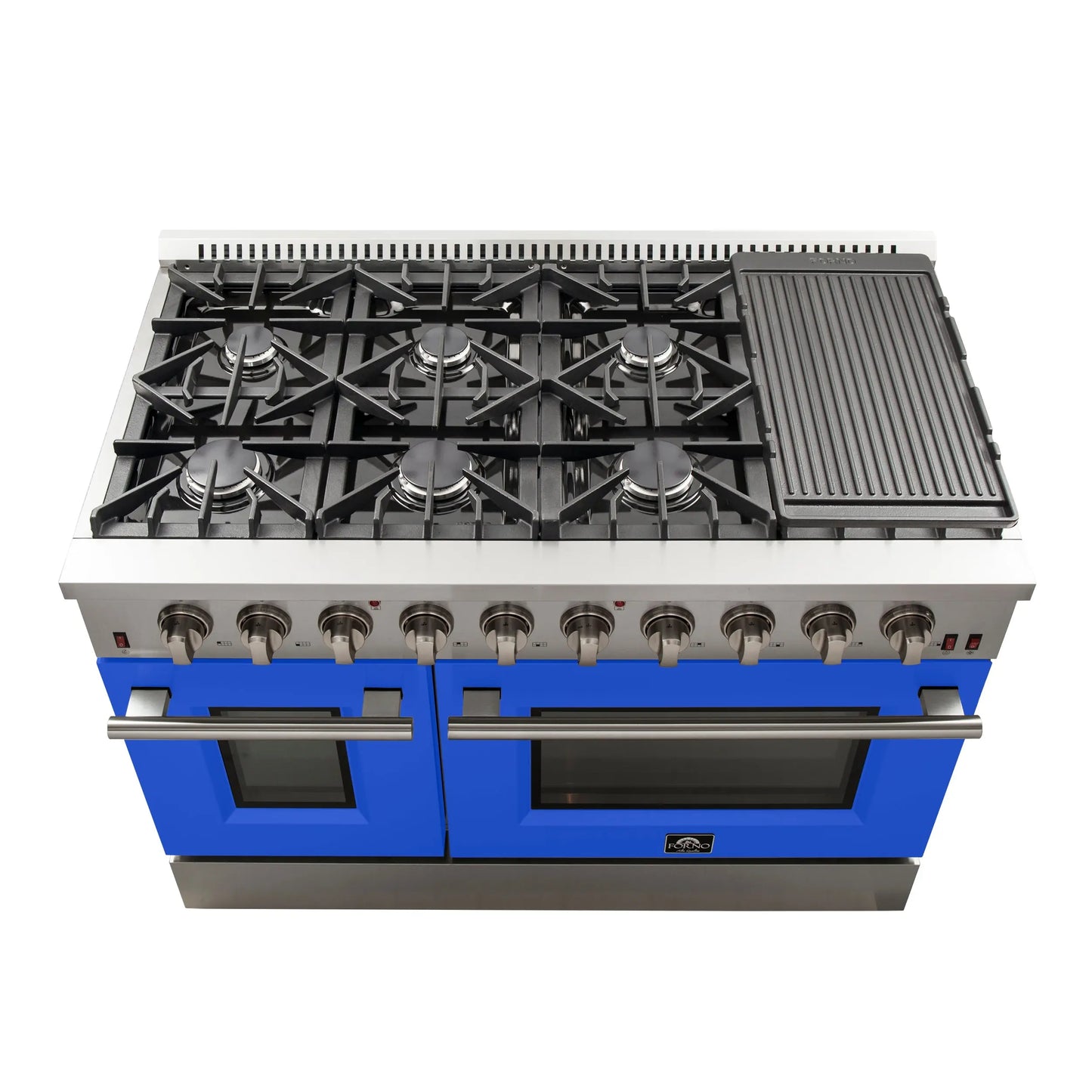 Forno Galiano 48-Inch Freestanding Gas Range, Stainless Steel, 8 Burners, 107,000 BTU, Griddle, Double Ovens, Energy Efficient, Blue Doors FORNO