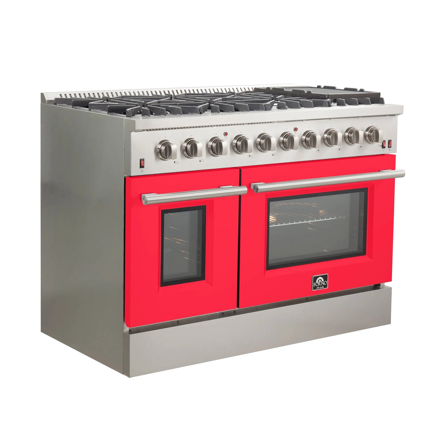 Forno Galiano 48-Inch Freestanding Gas Range, Stainless Steel, 8 Burners, 107,000 BTU, Griddle, Double Ovens, Energy Efficient, Red Doors FORNO