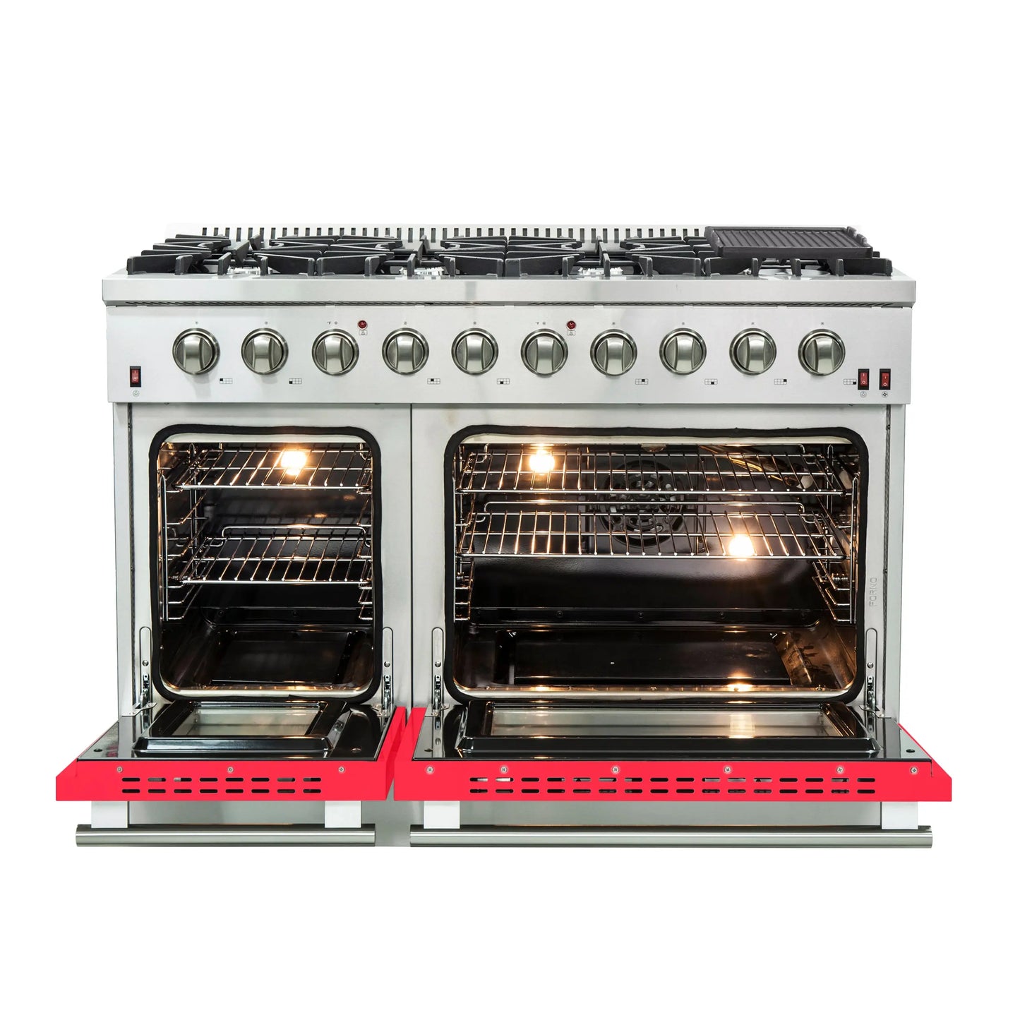 Forno Galiano 48-Inch Freestanding Gas Range, Stainless Steel, 8 Burners, 107,000 BTU, Griddle, Double Ovens, Energy Efficient, Red Doors FORNO