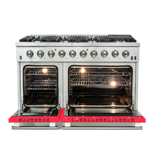 Forno Galiano 48-Inch Freestanding Gas Range, Stainless Steel, 8 Burners, 107,000 BTU, Griddle, Double Ovens, Energy Efficient, Red Doors FORNO