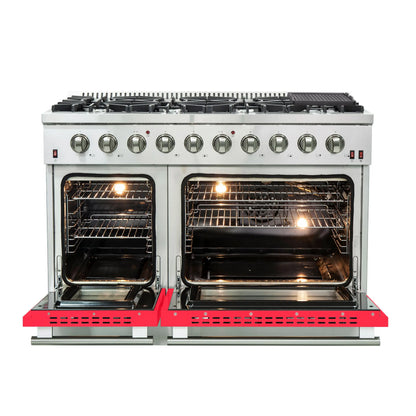 Forno Galiano 48-Inch Freestanding Gas Range, Stainless Steel, 8 Burners, 107,000 BTU, Griddle, Double Ovens, Energy Efficient, Red Doors FORNO