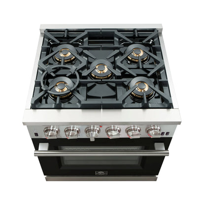 Forno Capriasca 30-Inch Freestanding Gas Range, 4 Burners, True Convection Oven, Black Door FORNO