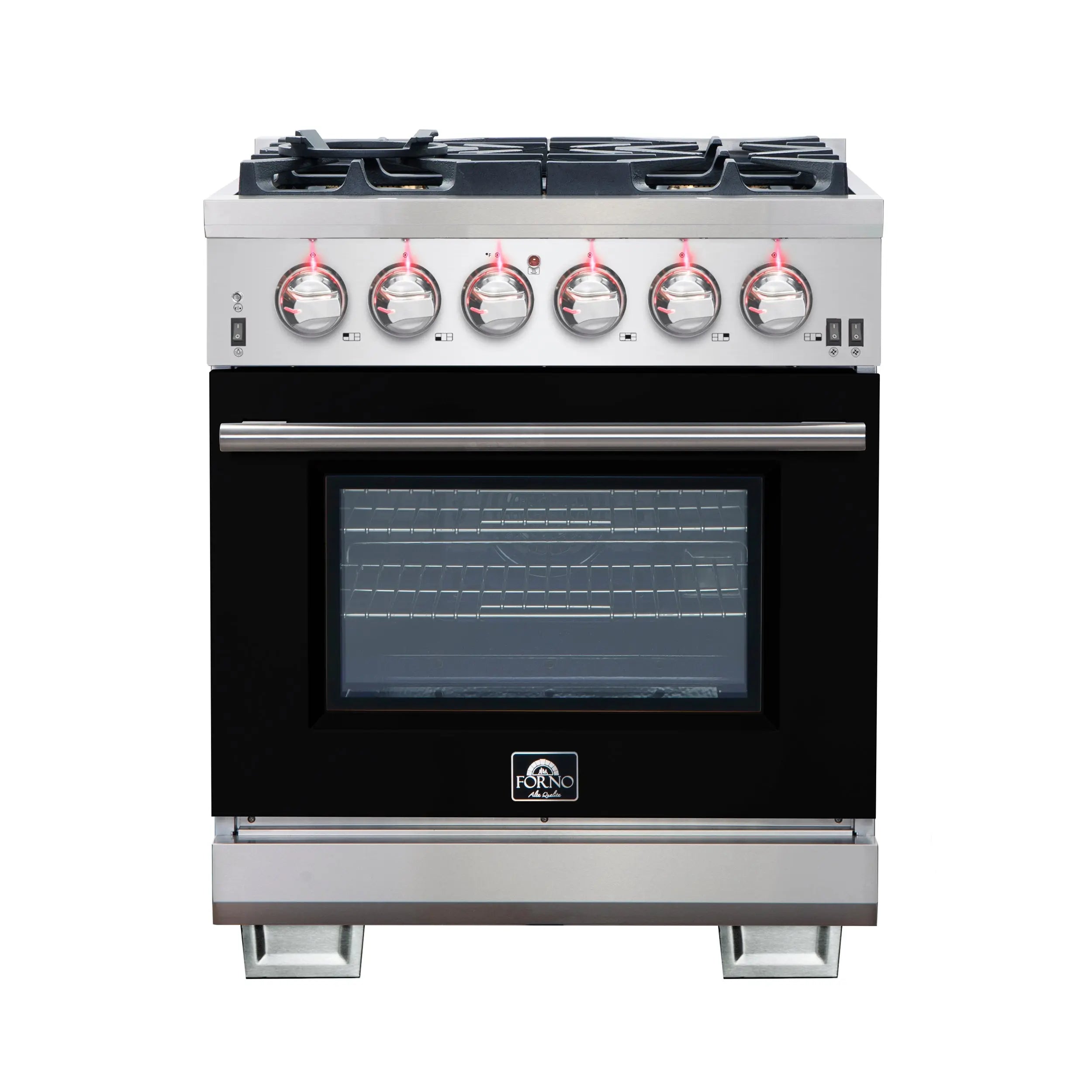 Forno Capriasca 30-Inch Freestanding Gas Range, 4 Burners, True Convection Oven, Black Door FORNO