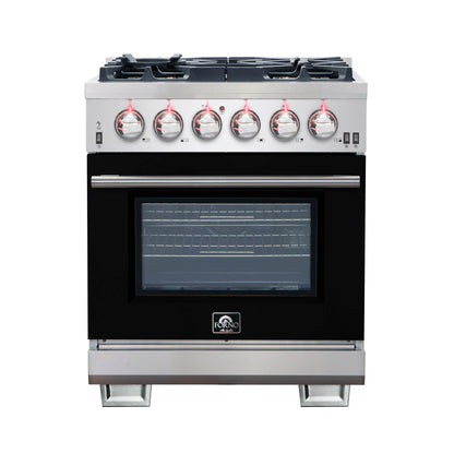 Forno Capriasca 30-Inch Freestanding Gas Range, 4 Burners, True Convection Oven, Black Door FORNO