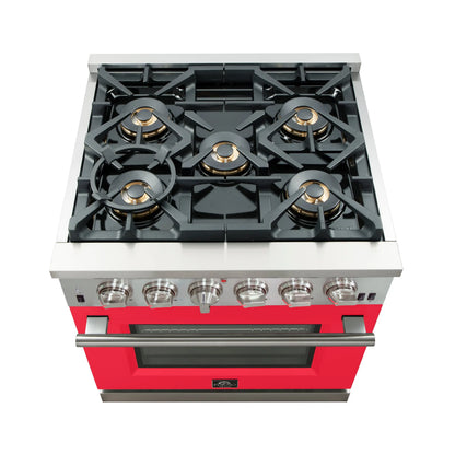 Forno Capriasca 30-Inch Freestanding Gas Range, 4 Burners, True Convection Oven, Red Door FORNO