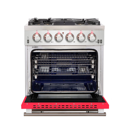 Forno Capriasca 30-Inch Freestanding Gas Range, 4 Burners, True Convection Oven, Red Door FORNO