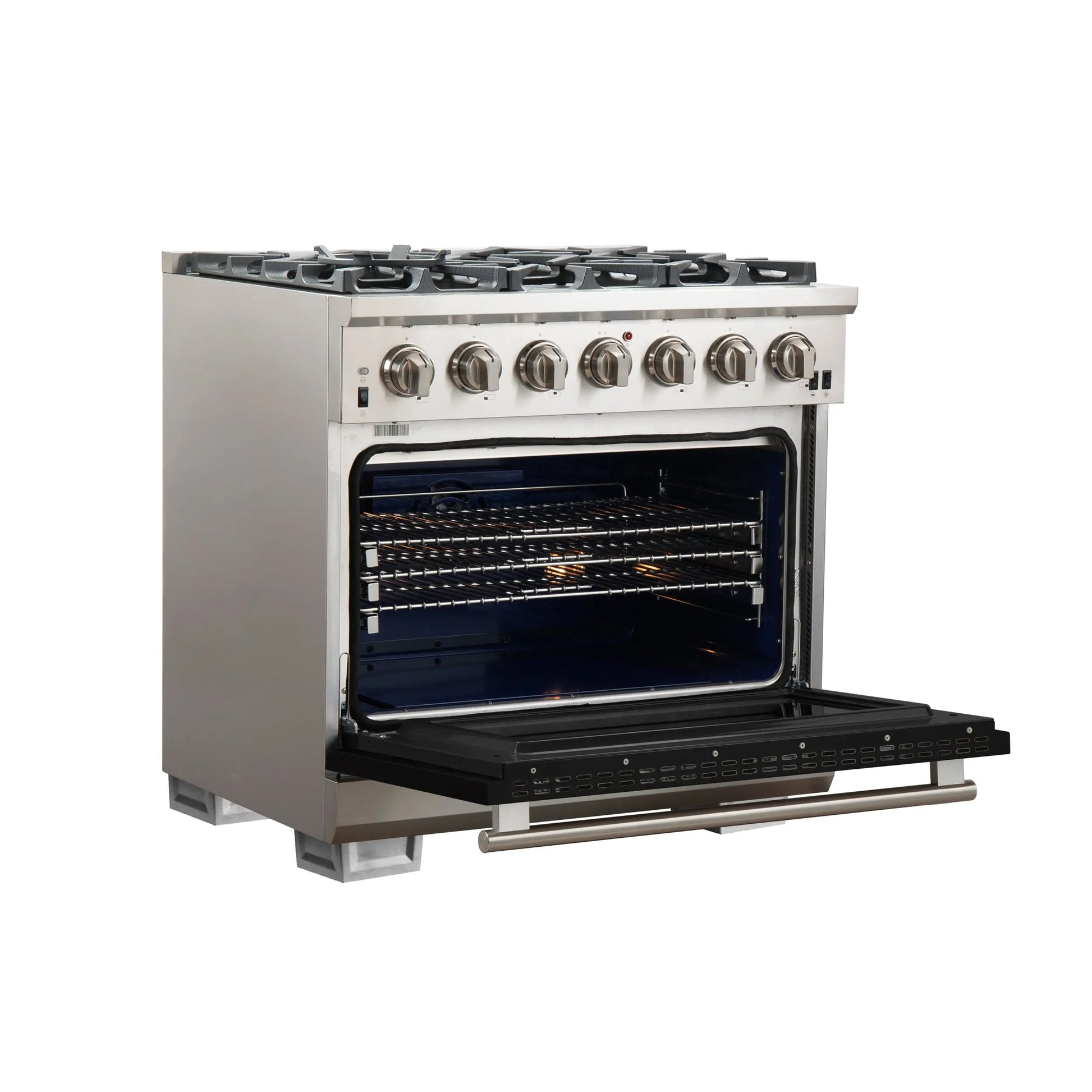 Forno Capriasca 36-Inch Gas Range, Stainless Steel, 6 Brass Burners, 120,000 BTU, Convection Oven, Energy Efficient, Black door FORNO
