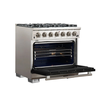 Forno Capriasca 36-Inch Gas Range, Stainless Steel, 6 Brass Burners, 120,000 BTU, Convection Oven, Energy Efficient, Black door FORNO