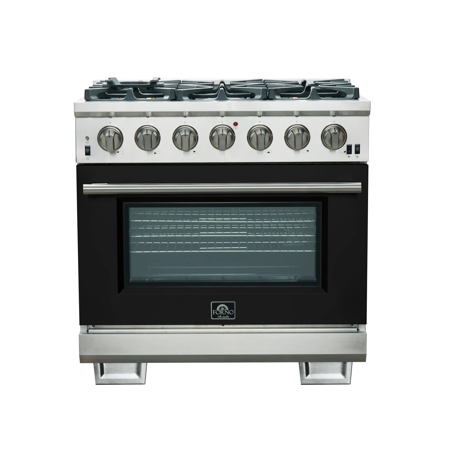 Forno Capriasca 36-Inch Gas Range, Stainless Steel, 6 Brass Burners, 120,000 BTU, Convection Oven, Energy Efficient, Black door FORNO