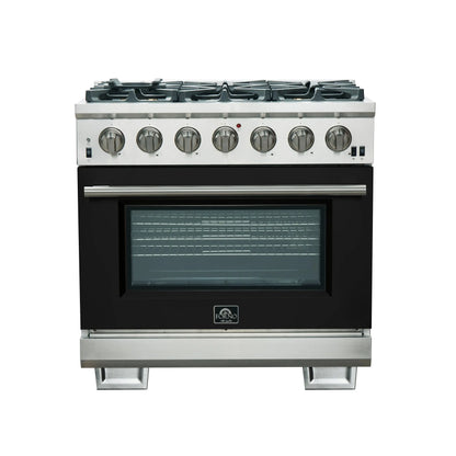 Forno Capriasca 36-Inch Gas Range, Stainless Steel, 6 Brass Burners, 120,000 BTU, Convection Oven, Energy Efficient, Black door FORNO