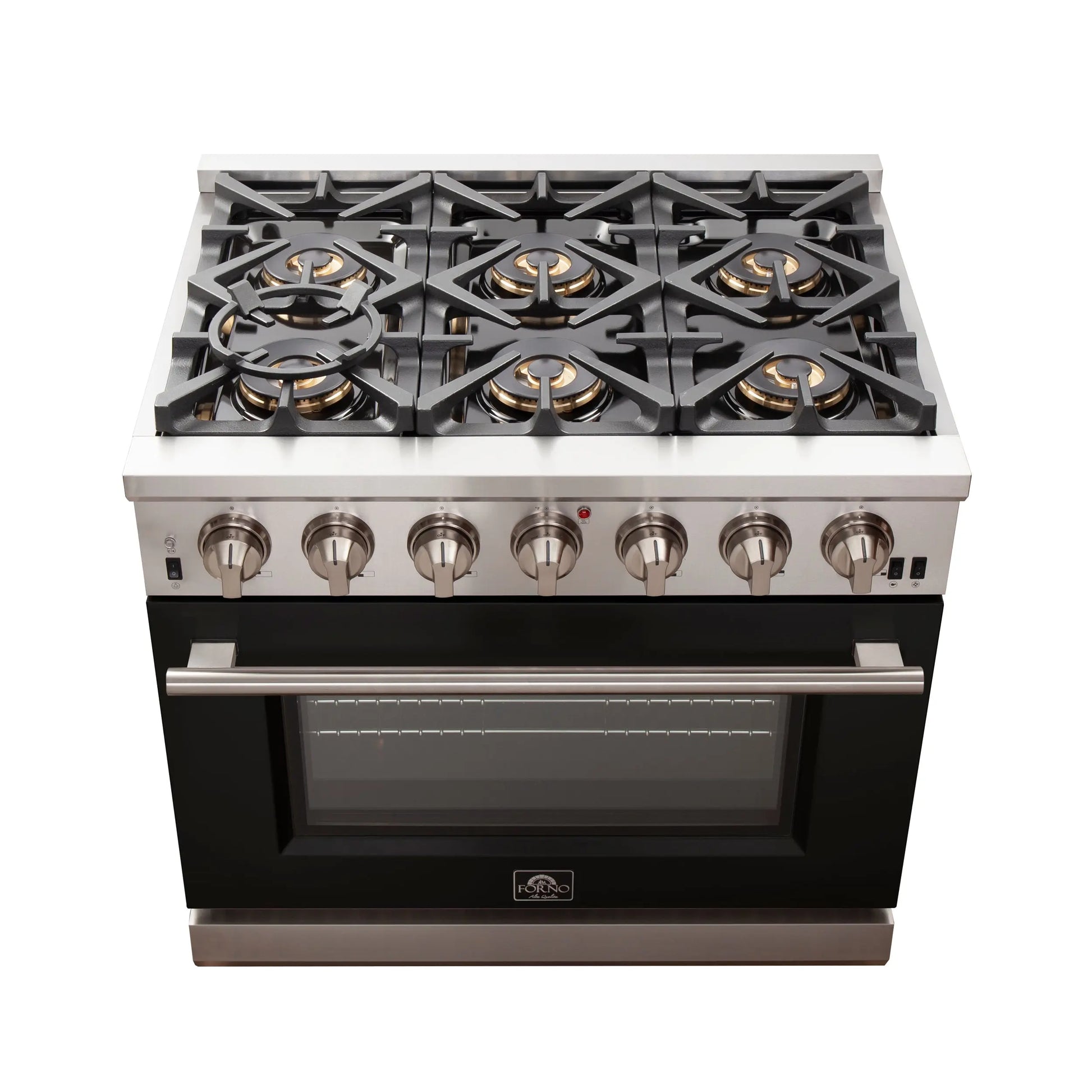 Forno Capriasca 36-Inch Gas Range, Stainless Steel, 6 Brass Burners, 120,000 BTU, Convection Oven, Energy Efficient, Black door FORNO
