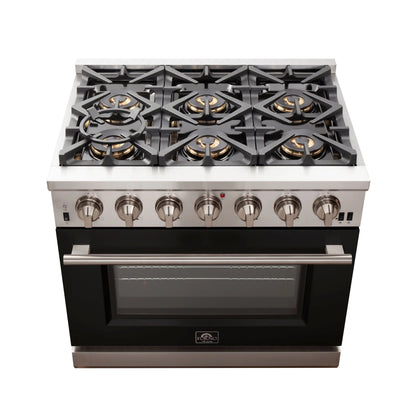 Forno Capriasca 36-Inch Gas Range, Stainless Steel, 6 Brass Burners, 120,000 BTU, Convection Oven, Energy Efficient, Black door FORNO