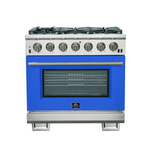 Forno Capriasca 36-Inch Gas Range, Stainless Steel, 6 Brass Burners, 120,000 BTU, Convection Oven, Energy Efficient, Blue Door FORNO