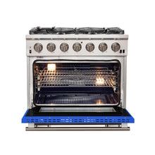 Forno Capriasca 36-Inch Gas Range, Stainless Steel, 6 Brass Burners, 120,000 BTU, Convection Oven, Energy Efficient, Blue Door FORNO