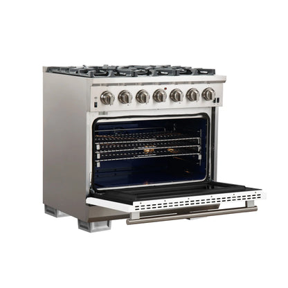 Forno Capriasca 36-Inch Gas Range, Stainless Steel, 6 Brass Burners, 120,000 BTU, Convection Oven, Energy Efficient, White Door FORNO