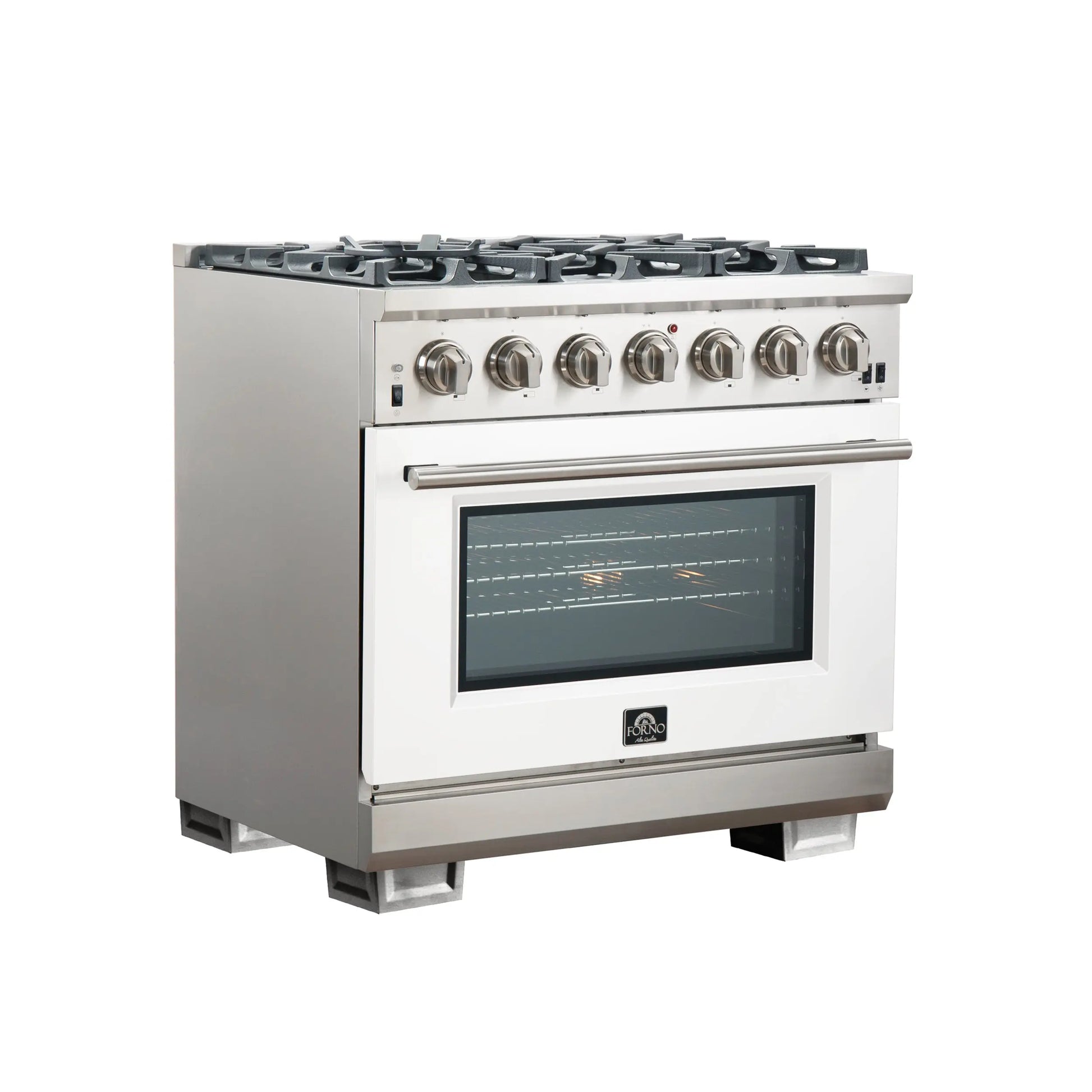 Forno Capriasca 36-Inch Gas Range, Stainless Steel, 6 Brass Burners, 120,000 BTU, Convection Oven, Energy Efficient, White Door FORNO