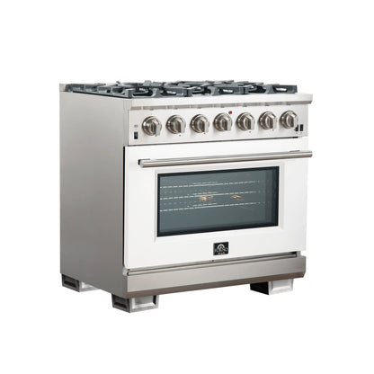 Forno Capriasca 36-Inch Gas Range, Stainless Steel, 6 Brass Burners, 120,000 BTU, Convection Oven, Energy Efficient, White Door FORNO