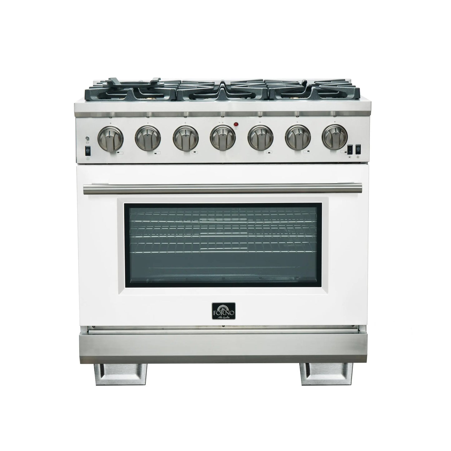 Forno Capriasca 36-Inch Gas Range, Stainless Steel, 6 Brass Burners, 120,000 BTU, Convection Oven, Energy Efficient, White Door FORNO