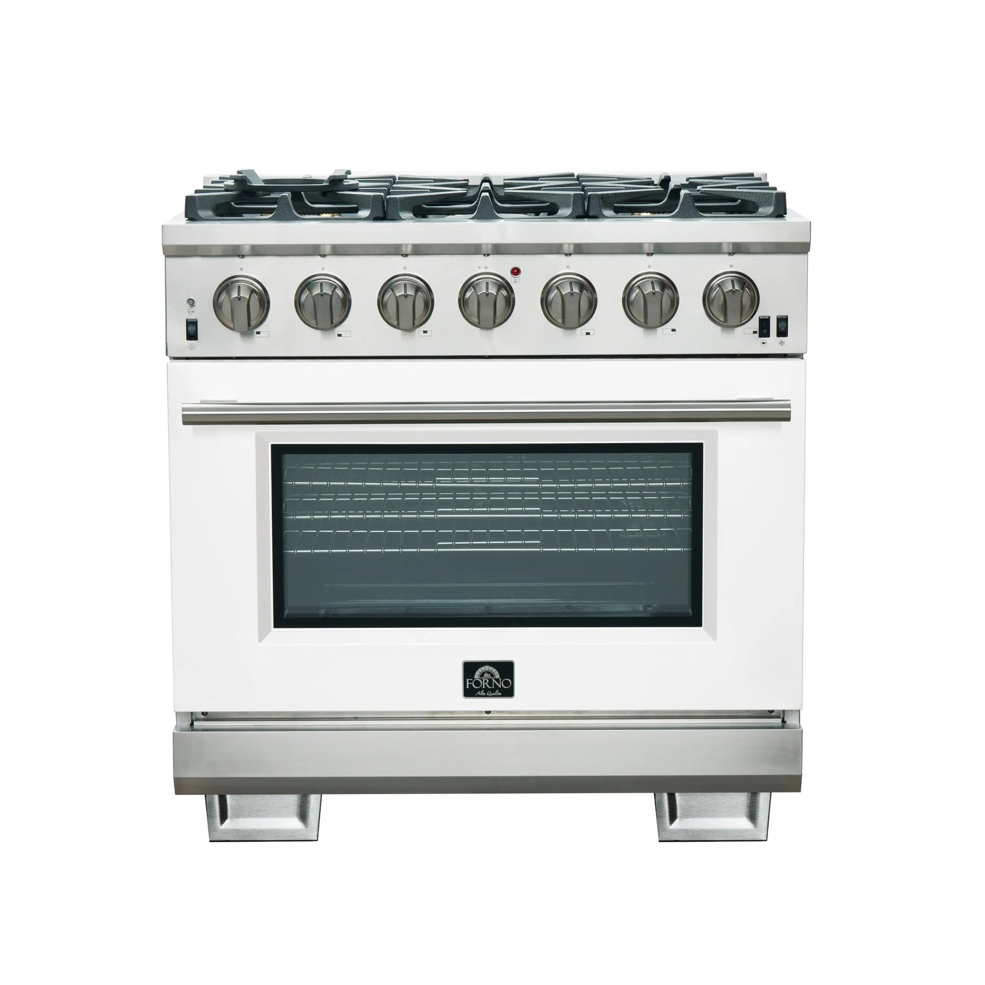 Forno Capriasca 36-Inch Gas Range, Stainless Steel, 6 Brass Burners, 120,000 BTU, Convection Oven, Energy Efficient, White Door FORNO