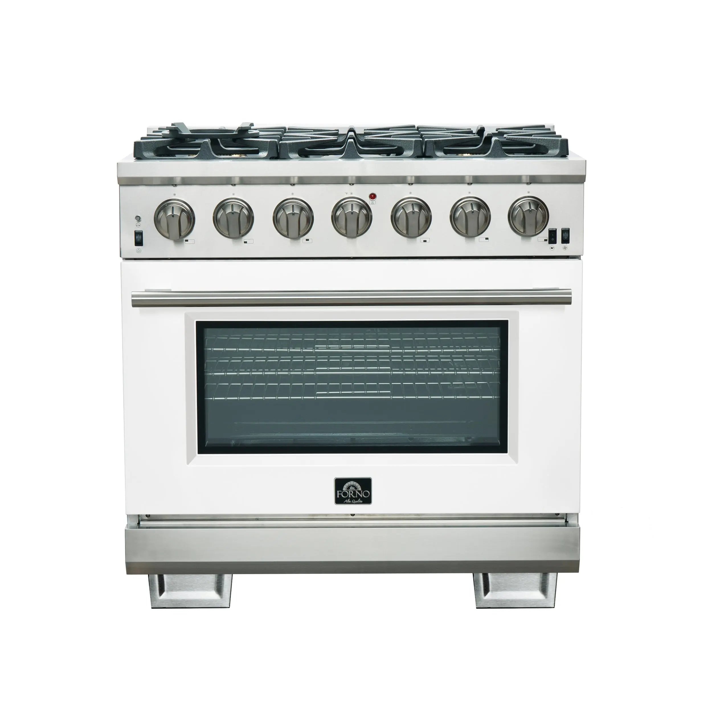 Forno Capriasca 36-Inch Gas Range, Stainless Steel, 6 Brass Burners, 120,000 BTU, Convection Oven, Energy Efficient, White Door FORNO