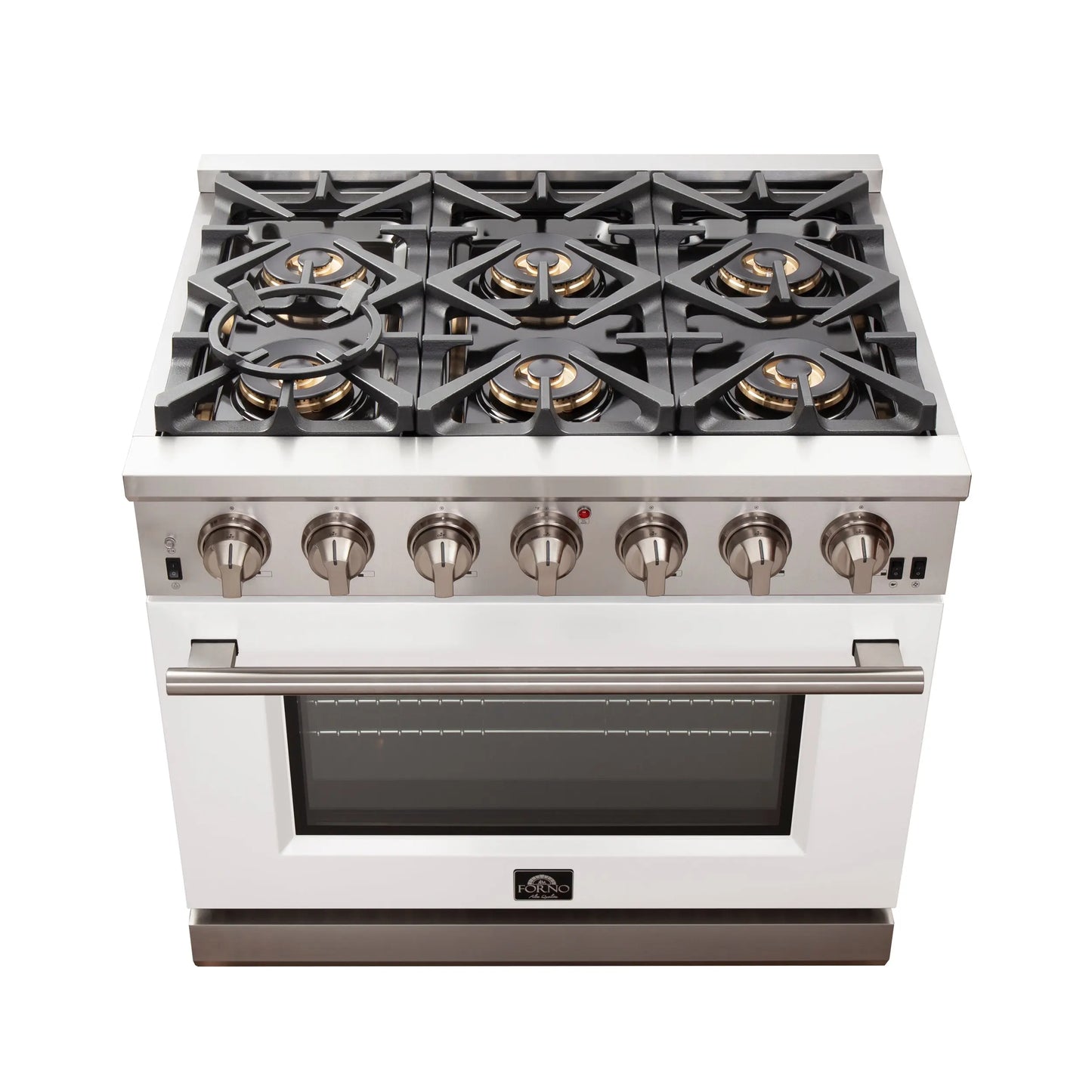 Forno Capriasca 36-Inch Gas Range, Stainless Steel, 6 Brass Burners, 120,000 BTU, Convection Oven, Energy Efficient, White Door FORNO
