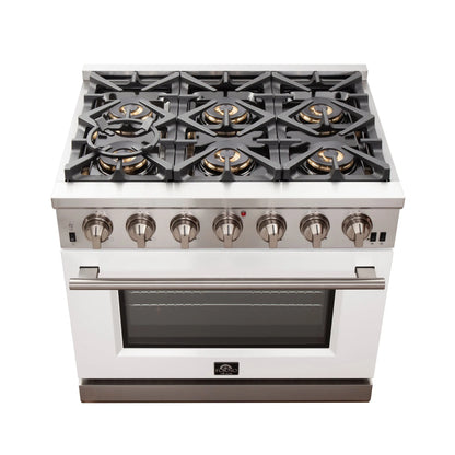 Forno Capriasca 36-Inch Gas Range, Stainless Steel, 6 Brass Burners, 120,000 BTU, Convection Oven, Energy Efficient, White Door FORNO